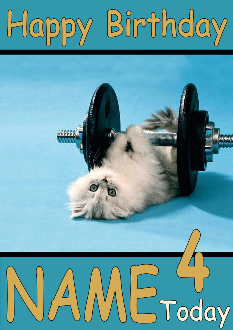 Cat Lifting Weights Funny Kids Adult Personalised Birthday Card Gift Present