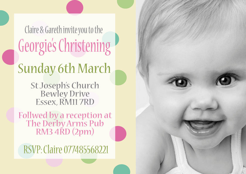 10 X Personalised Printed Christening Spotty INSPIRED STYLE Invites