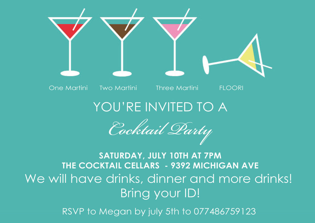 10 X Personalised Printed Cocktail Party INSPIRED STYLE Invites – 10 X Personalised Printed Cocktail Party Invites