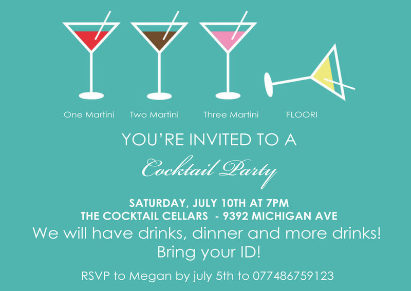 10 X Personalised Printed Cocktail Party INSPIRED STYLE Invites