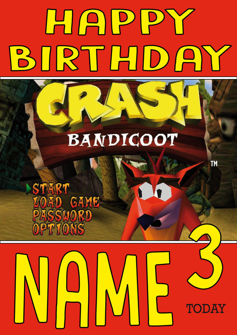 Retro Gaming Crash Bandicoot THEME INSPIRED Kids Adult Personalised Birthday Card