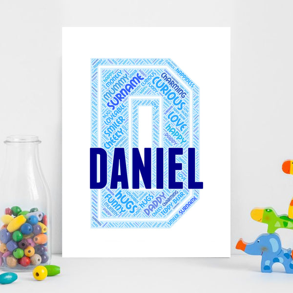 Personalised name word art print, blue letter D, print only