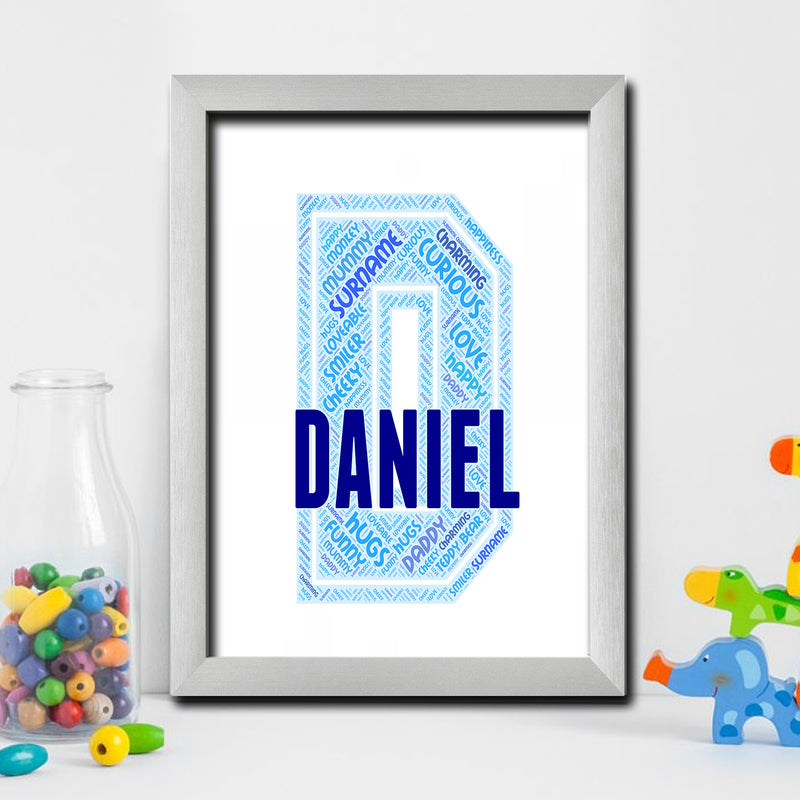 Personalised Name Word Art Poster Print Blue Letter D