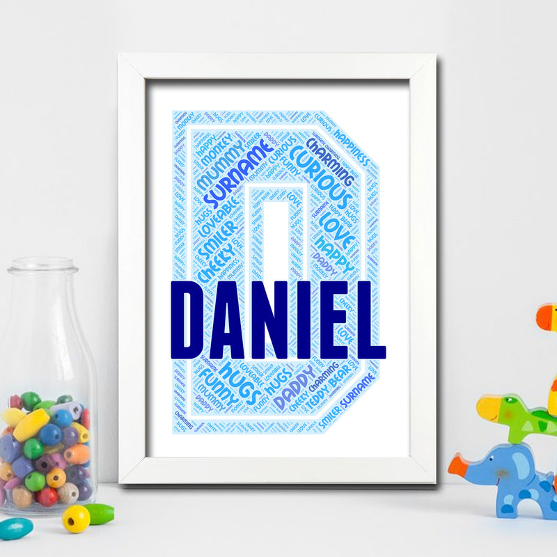 Personalised Name Word Art Poster Print Blue Letter D