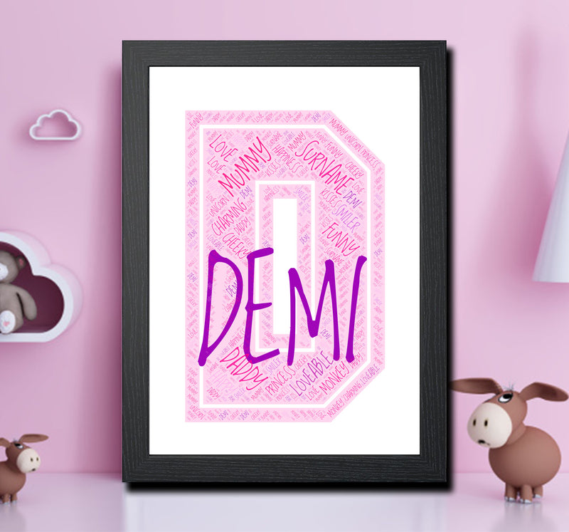 Personalised Name Word Art Poster Print Pink Letter D