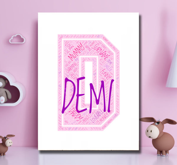 Personalised name word art print, pink letter D, print only