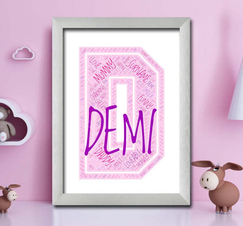 Personalised Name Word Art Poster Print Pink Letter D