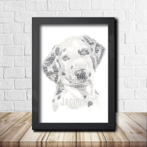 Personalised Dalmatian word art print in a black frame