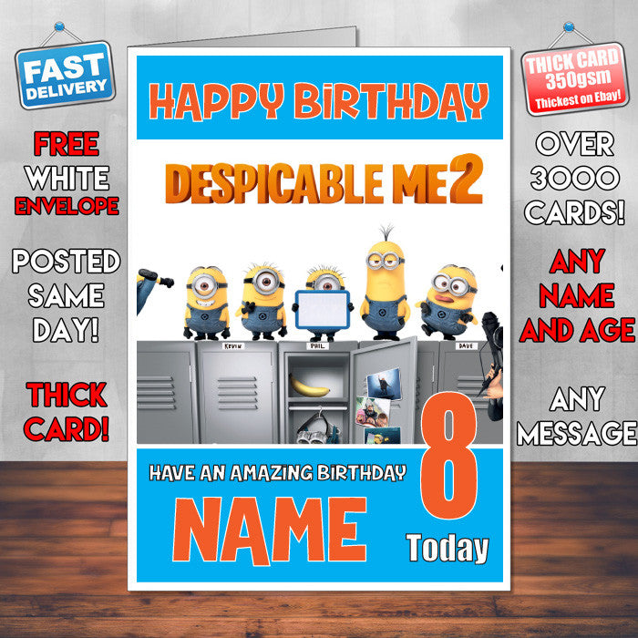 DESPICABLE ME BM2 THEME INSPIRED Style PERSONALISED Kids Adult FUNNY Birthday Card