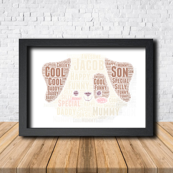 Personalised dog word art print in a black frame