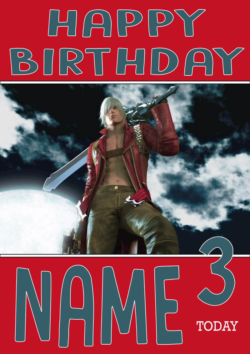 Retro Gaming Dante Devil May Cry THEME INSPIRED Kids Adult Personalised Birthday Card