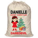 PERSONALISED Cartoon Inspired Super Hero Devil Girl DANIELLE - XL Children's Christmas Santa Sack CUSTOMISE Present