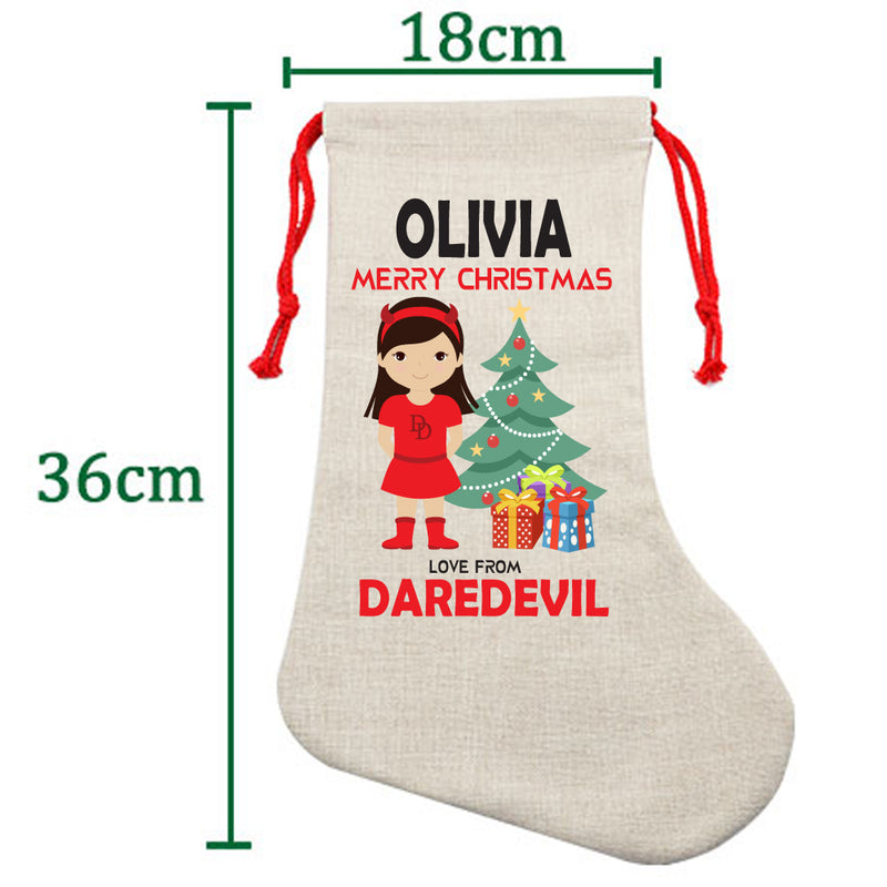 PERSONALISED Cartoon Inspired Super Hero Devil Girl OLIVIA HIGH QUALITY Large CHRISTMAS STOCKING - Any Name you want!