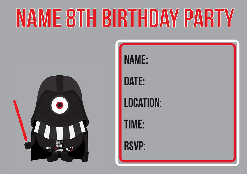 10 X Personalised Printed Boys Darth Vader Minion INSPIRED STYLE Invites