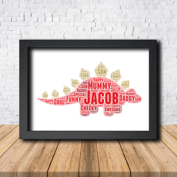 Personalised dinosaur word art print in a black frame