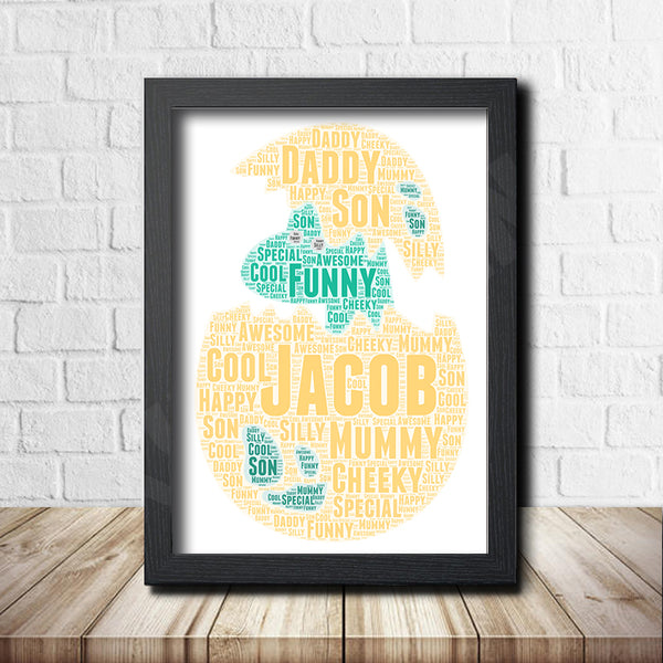 Personalised dinosaur word art print in a black frame