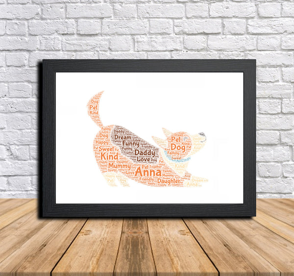 Personalised dog word art print in a black frame