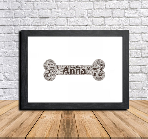 Personalised dog bone word art print in a black frame