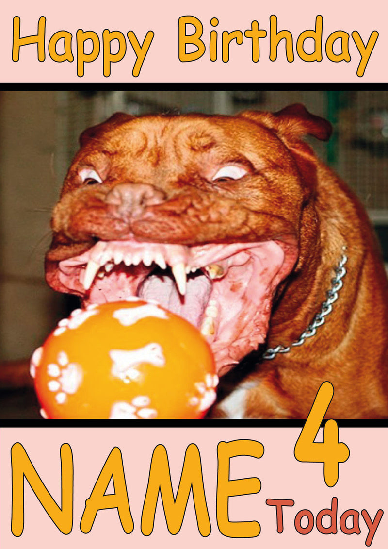 Dog Biting Ball Funny Kids Adult Personalised Birthday Card Gift Present