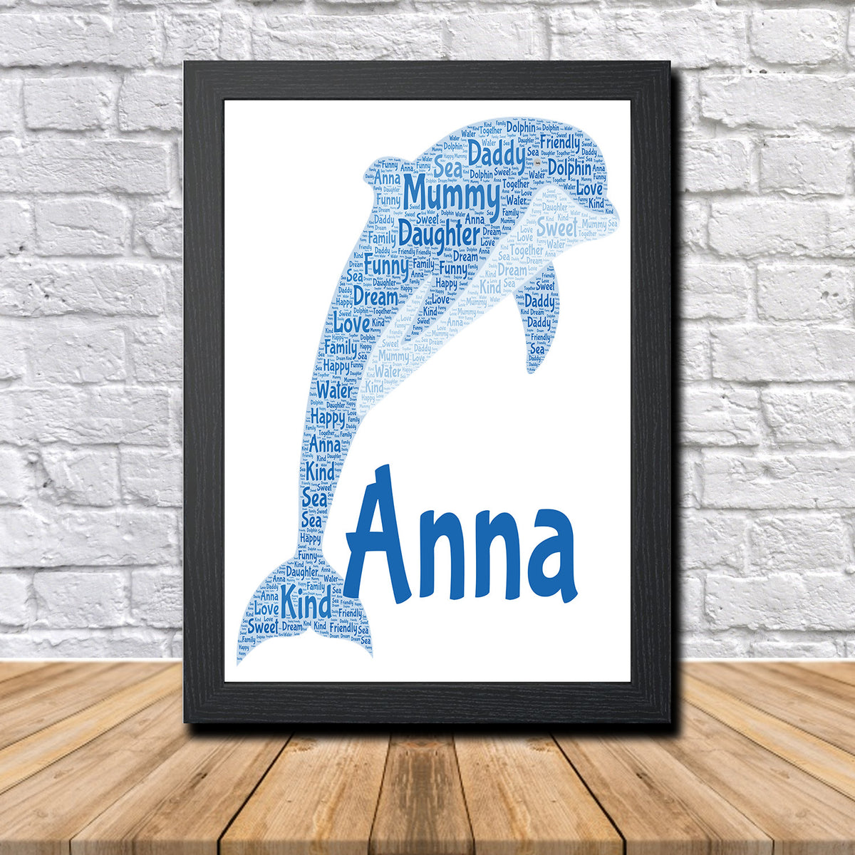 Personalised Dolphin 1 B Word Art Poster Print – Personalised dolphin word art print in a black frame