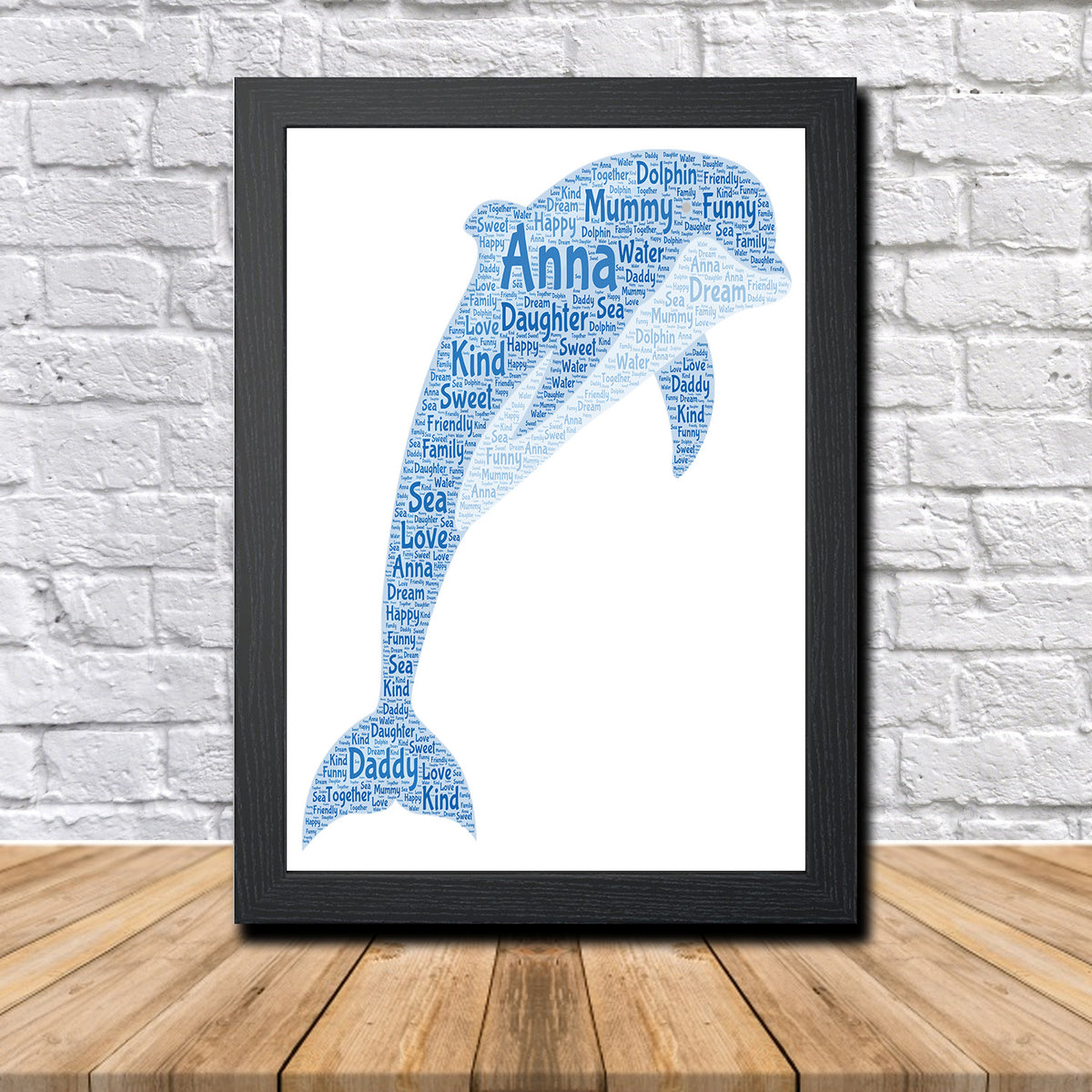 Personalised Dolphin 1 Word Art Poster Print – Personalised dolphin word art print in a black frame