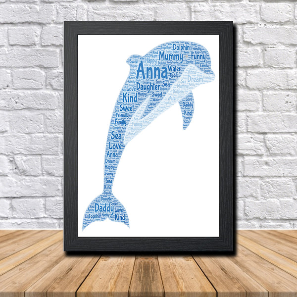Personalised dolphin word art print in a black frame