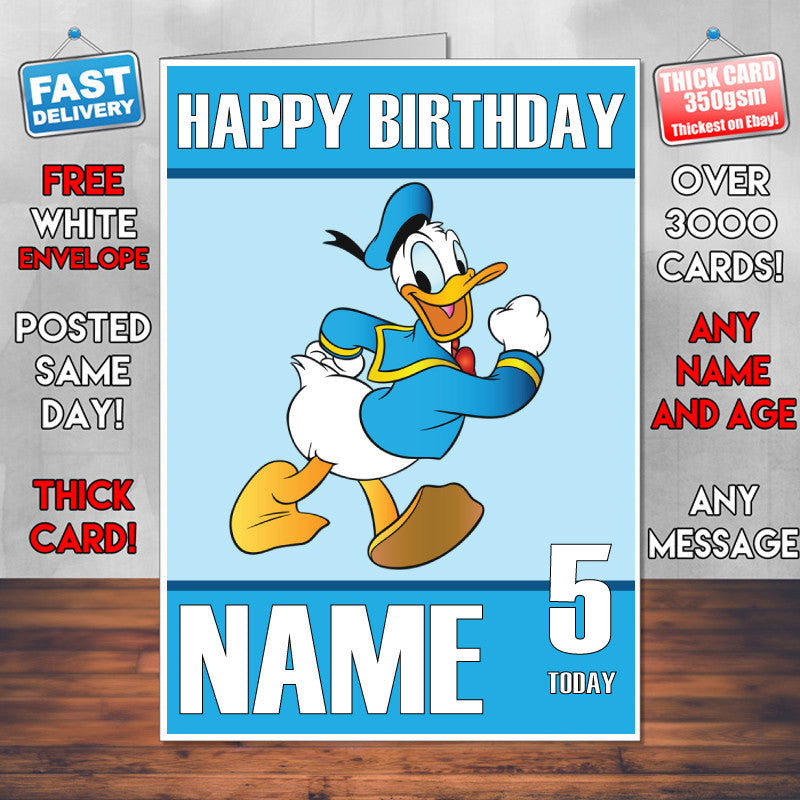 Donald Duck KE THEME INSPIRED Kids Adult Personalised Birthday Card