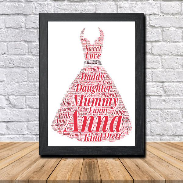 Personalised dress word art print in a black frame