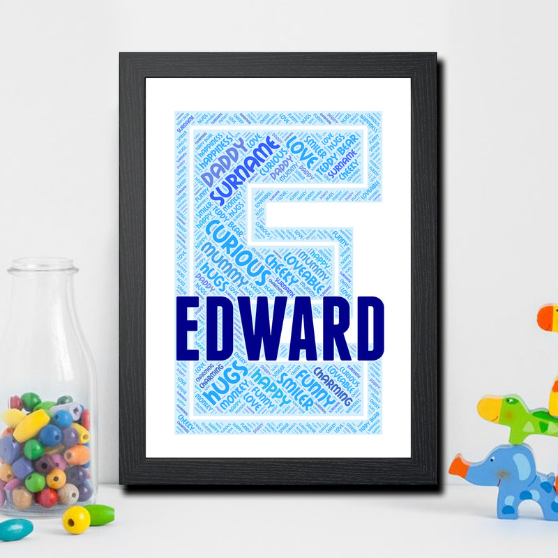 Personalised Name Word Art Poster Print Blue Letter E