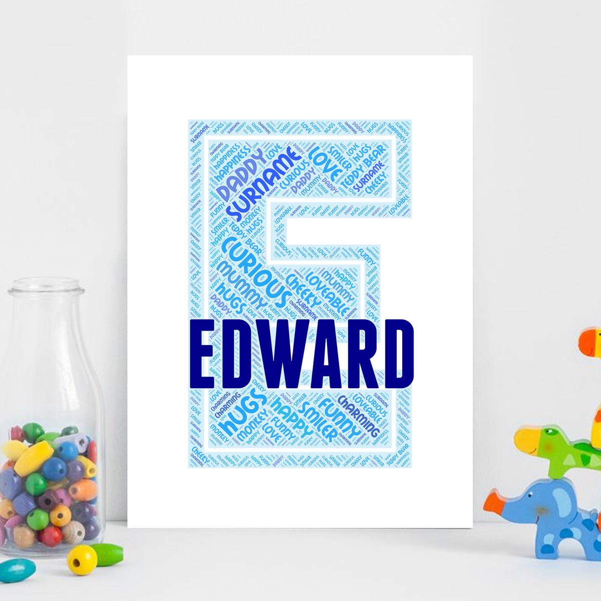 Personalised Name Word Art Poster Print Blue Letter E – Personalised name word art print, blue letter E, print only