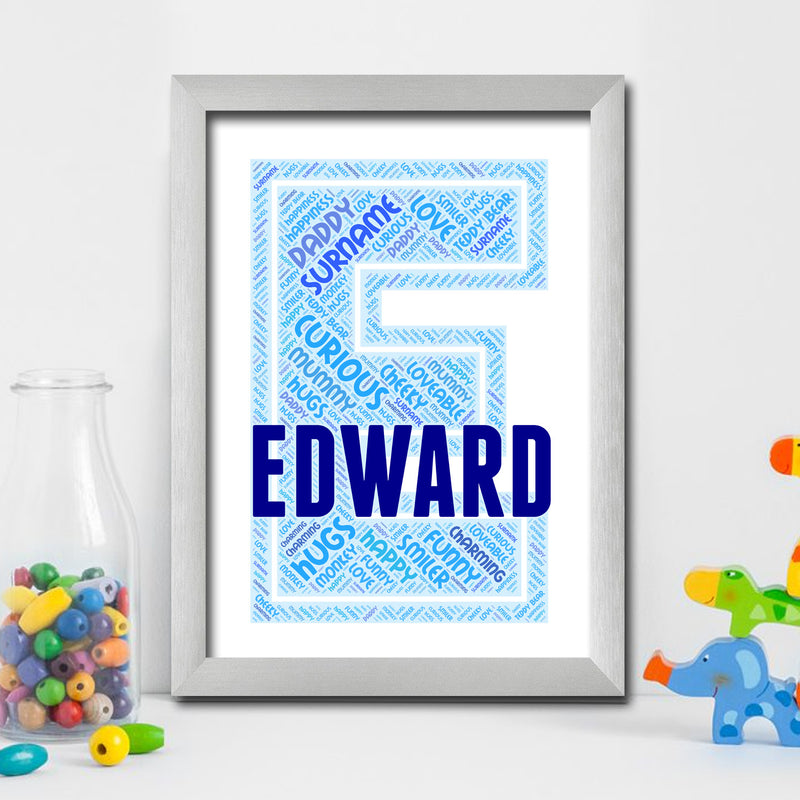 Personalised Name Word Art Poster Print Blue Letter E