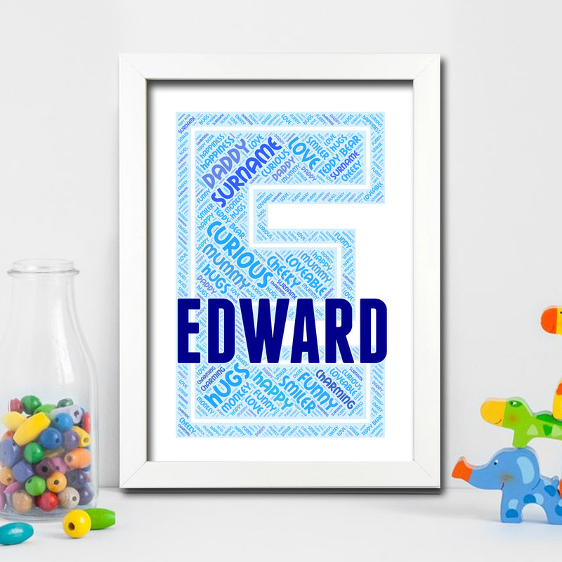 Personalised Name Word Art Poster Print Blue Letter E