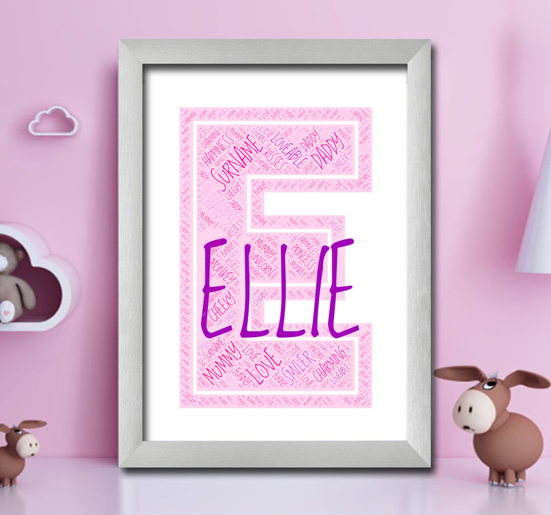 Personalised Name Word Art Poster Print Pink Letter E