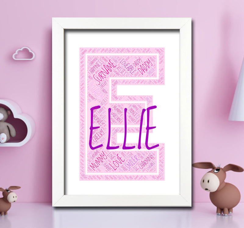 Personalised Name Word Art Poster Print Pink Letter E