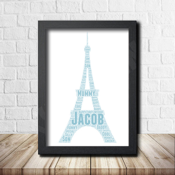 Personalised Eiffel Tower word art print in a black frame