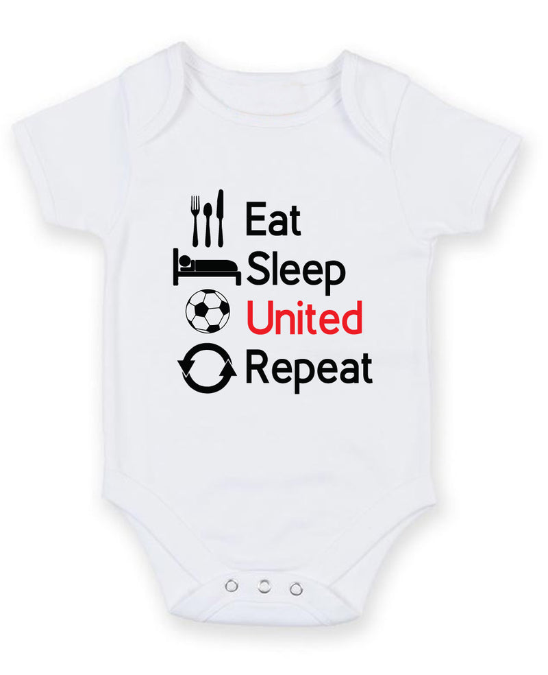 Eat Sleep United Repeat Printed Baby Grow Bodysuit Boy Girl Unisex Gift