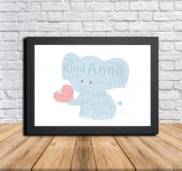 Personalised elephant word art print in a black frame