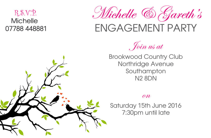 Of 10 X Personalised Printed Engagement Love Birds INSPIRED STYLE Invites