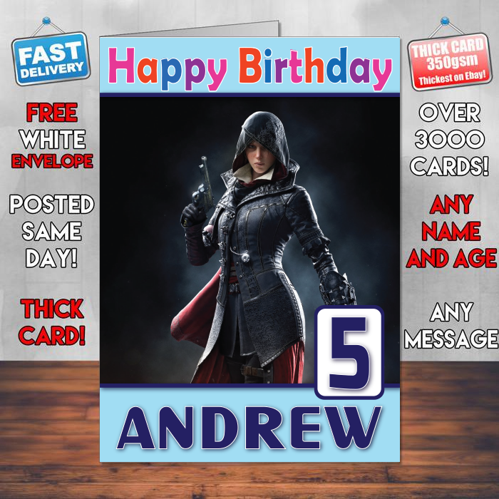 Personalised Evie Frye Assassins Creed Syndicate Inspired Style Game Kids Inspired Birthday Card (SA)