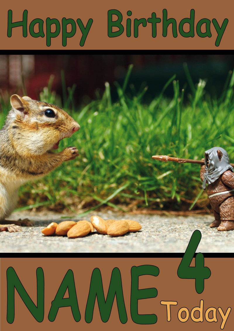 Ewok Defending Nuts From Squirrel Funny Kids Adult Personalised Birthday Card Gift Present