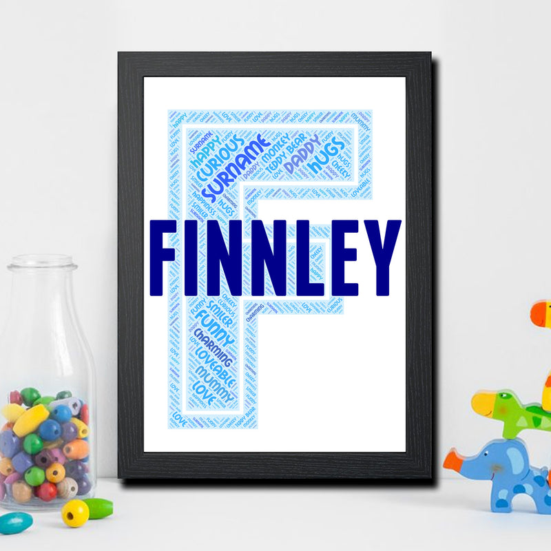 Personalised Name Word Art Poster Print Blue Letter F