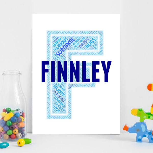 Personalised name word art print, blue letter F, print only