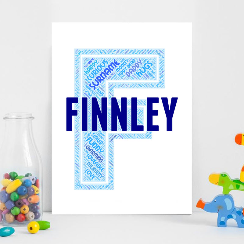 Personalised Name Word Art Poster Print Blue Letter F