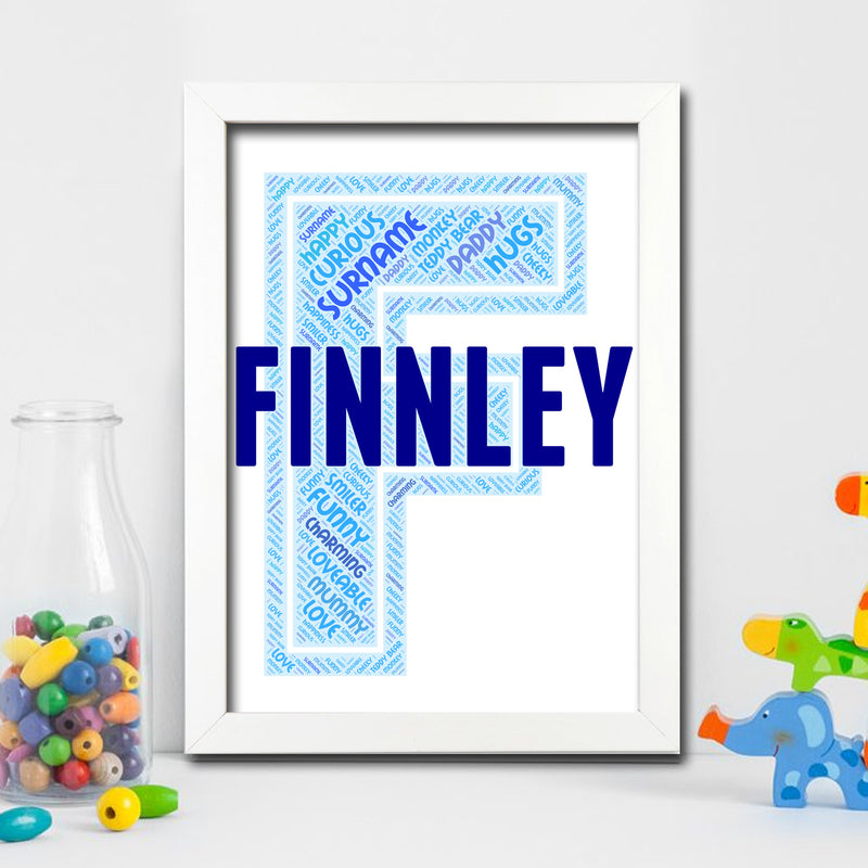 Personalised Name Word Art Poster Print Blue Letter F