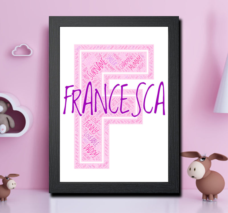 Personalised Name Word Art Poster Print Pink Letter F