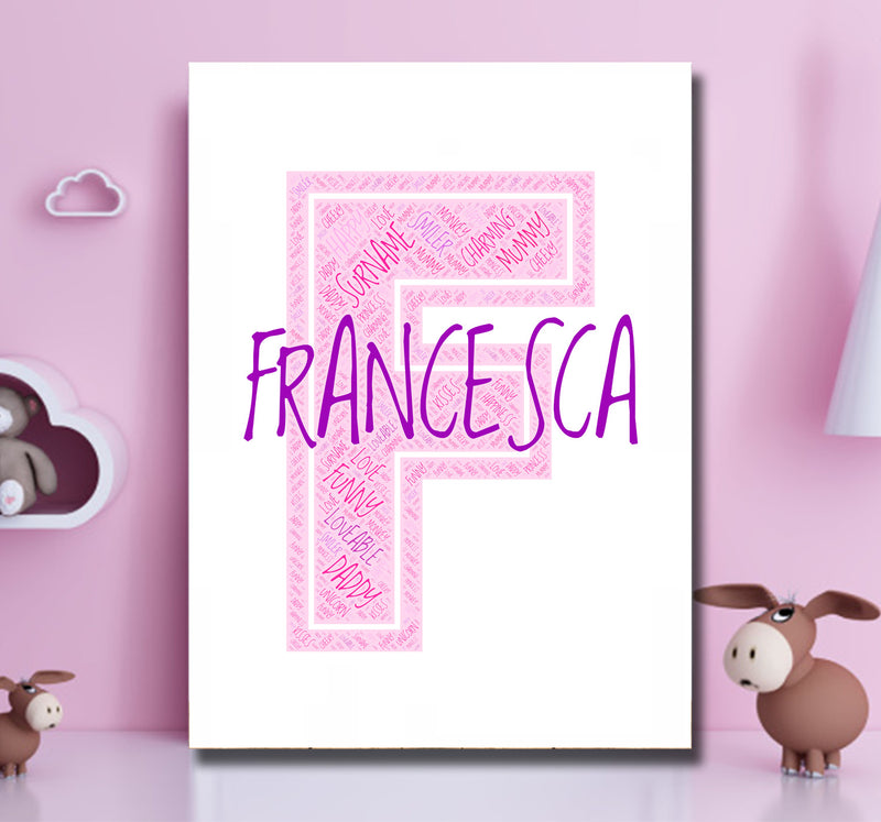 Personalised Name Word Art Poster Print Pink Letter F