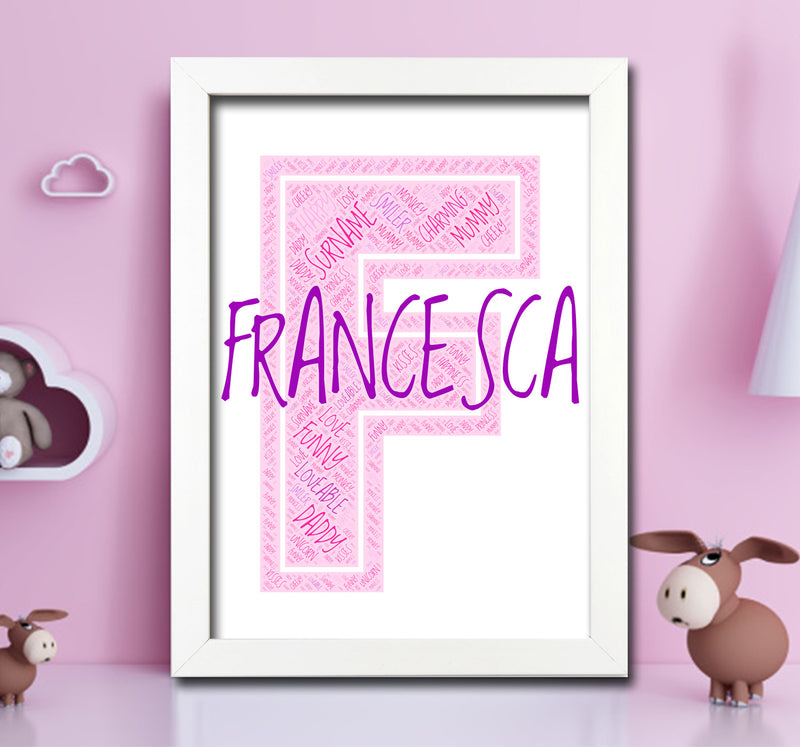 Personalised Name Word Art Poster Print Pink Letter F