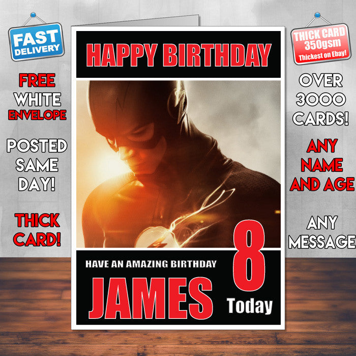 FLASH BM THEME INSPIRED Style PERSONALISED Kids Adult FUNNY Birthday Card