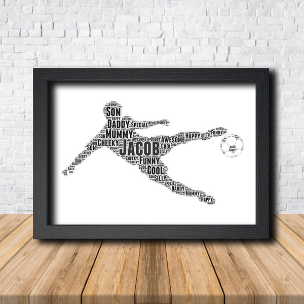 Personalised football word art print in a black frame
