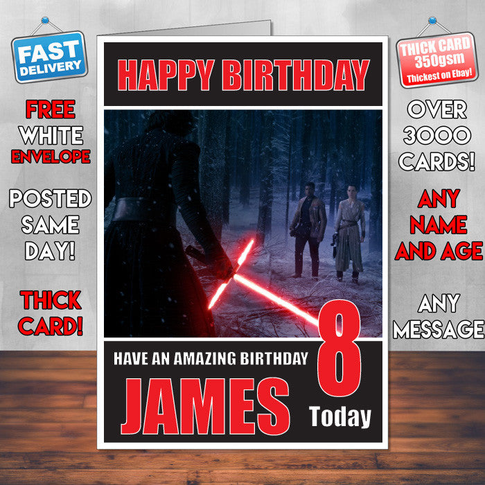 FORCE AWAKENS 4 BM THEME INSPIRED Style PERSONALISED Kids Adult FUNNY Birthday Card